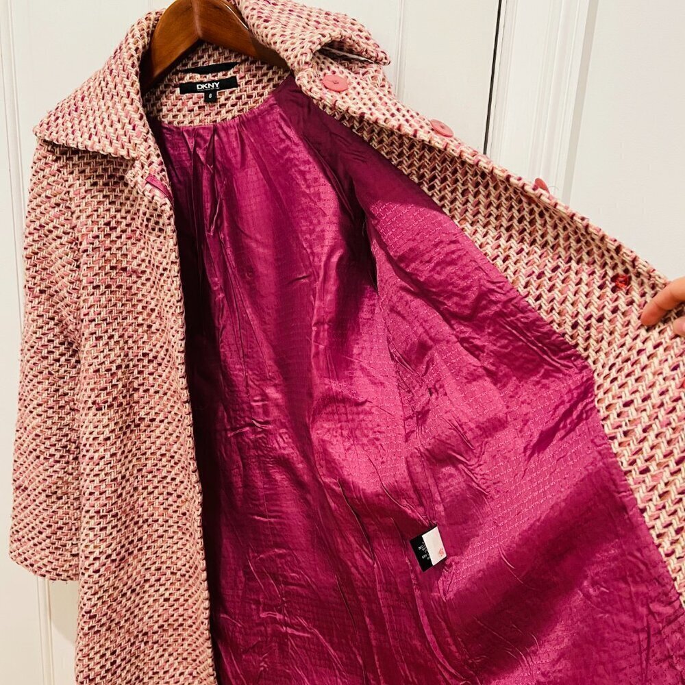 DKNY Ladies Women's Vintage Pink Tweed Over Coat Size 8 Medium Jacket - Picture 14 of 16